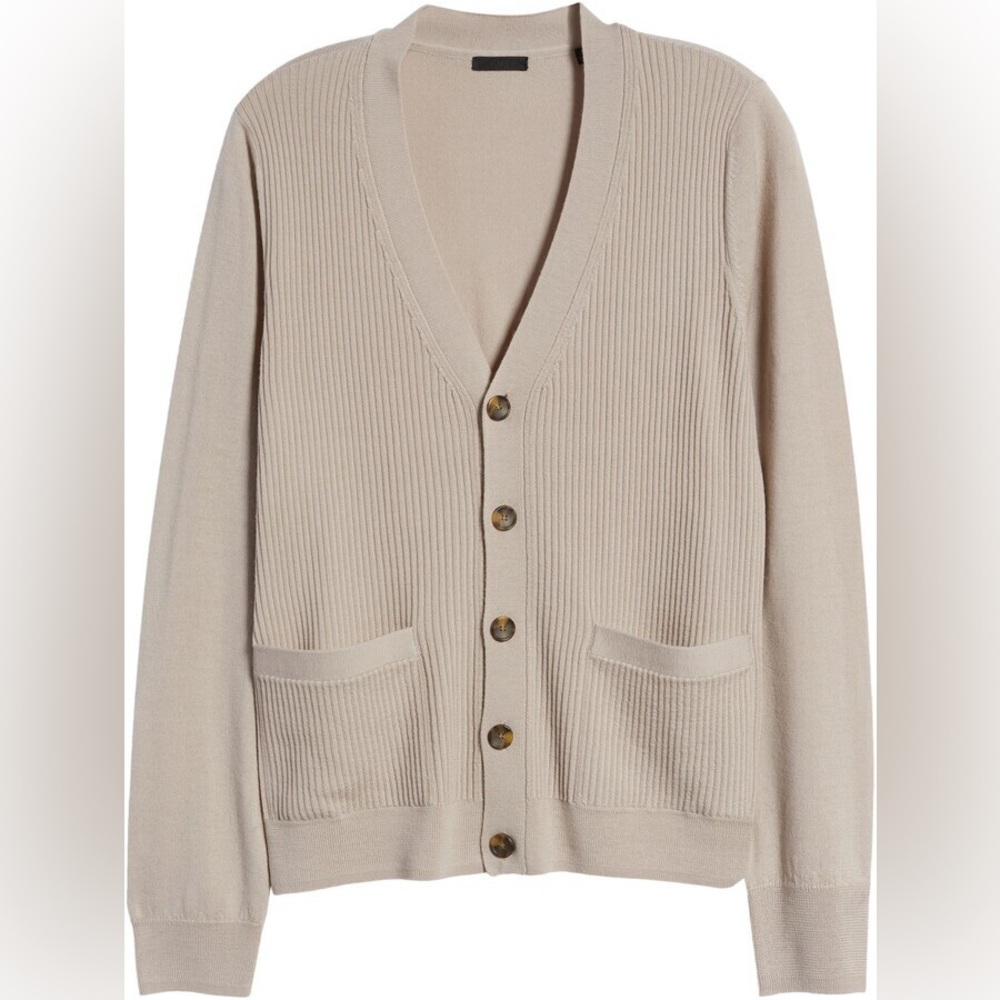 NEW ATM Men's ribbed front buttons Merino wool cardigan in Beige - Size XL